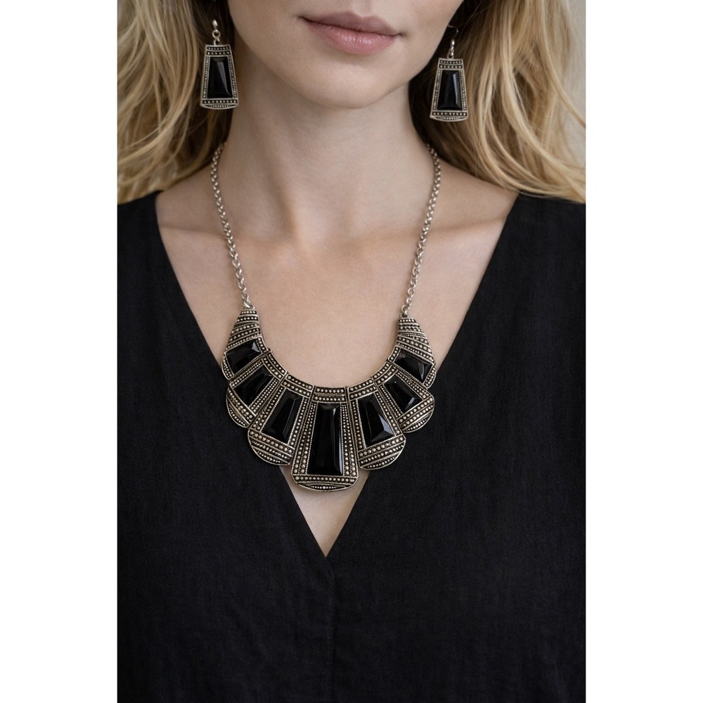 Vintage Style Black Silver Bib Statement Necklace and Earring Jewelry Set